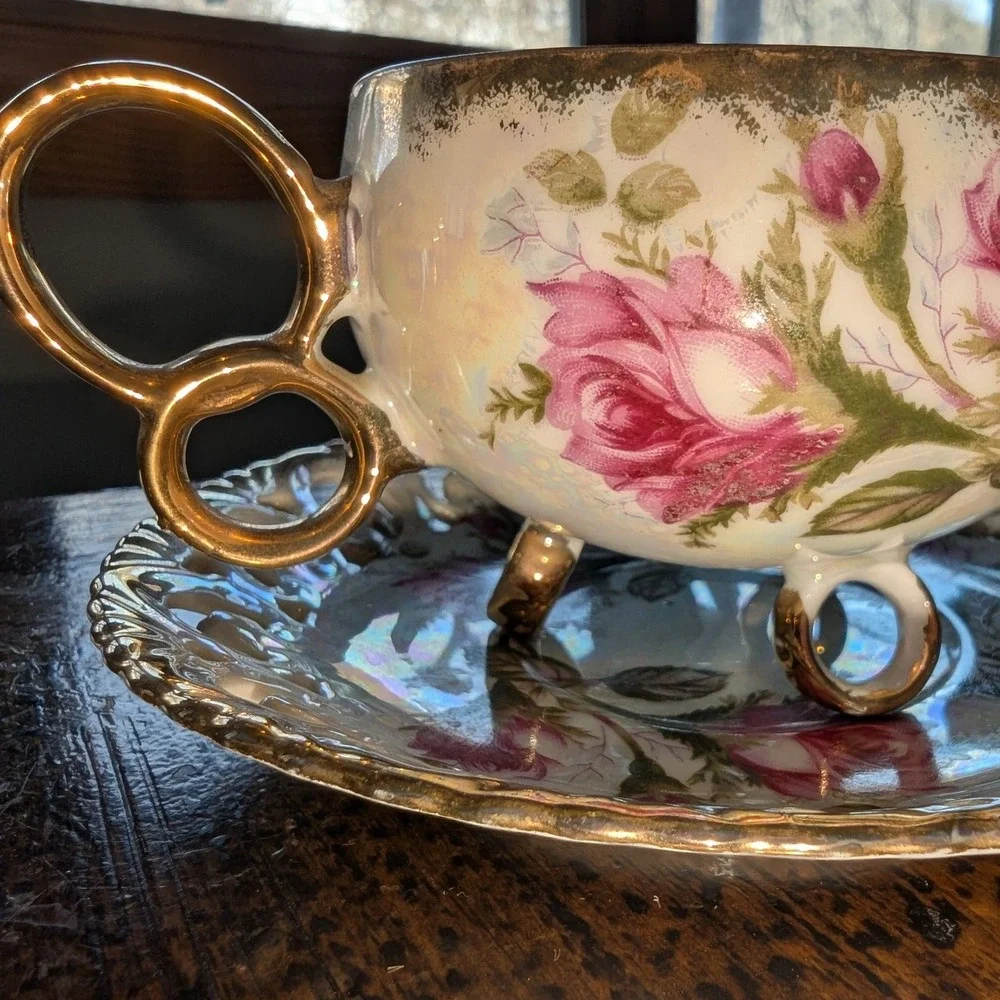 Vintage Royal Sealy China Pink Rose Lusterware Footed Teacup‎ and Saucer Japan